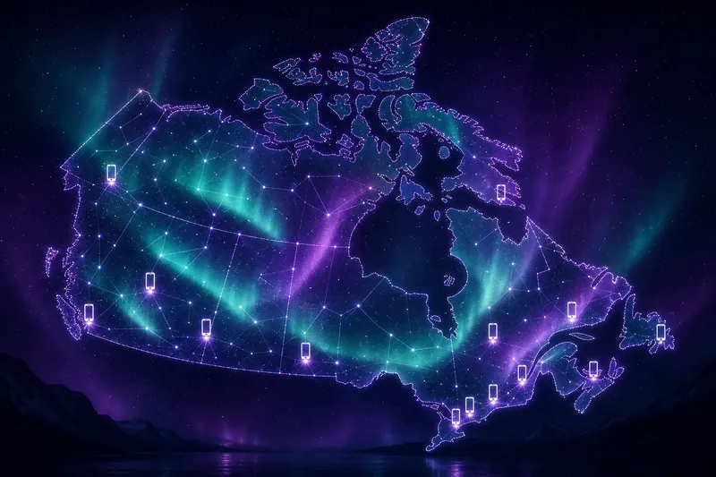 Stylized map of Canada formed from aurora dots and city phone icons