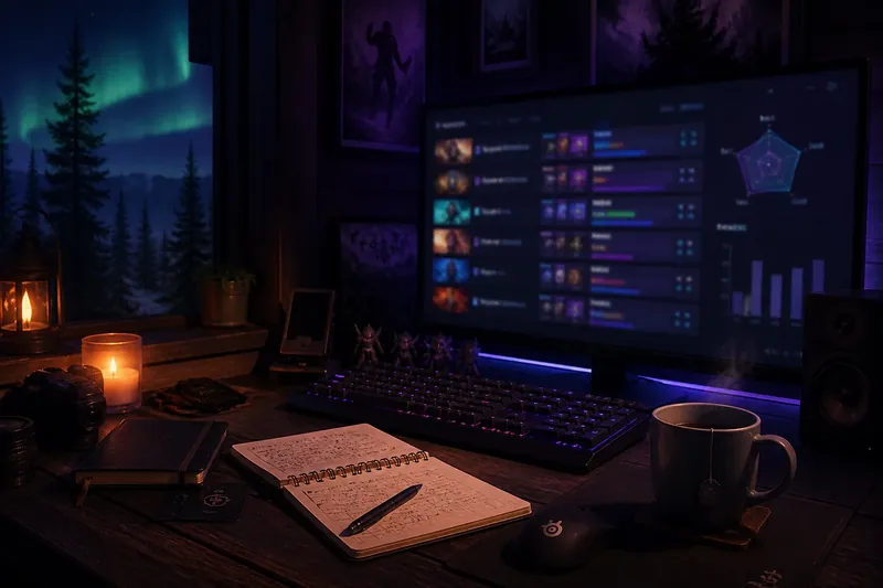 Editorial desk with notebook and warm tea beside a forest window at night