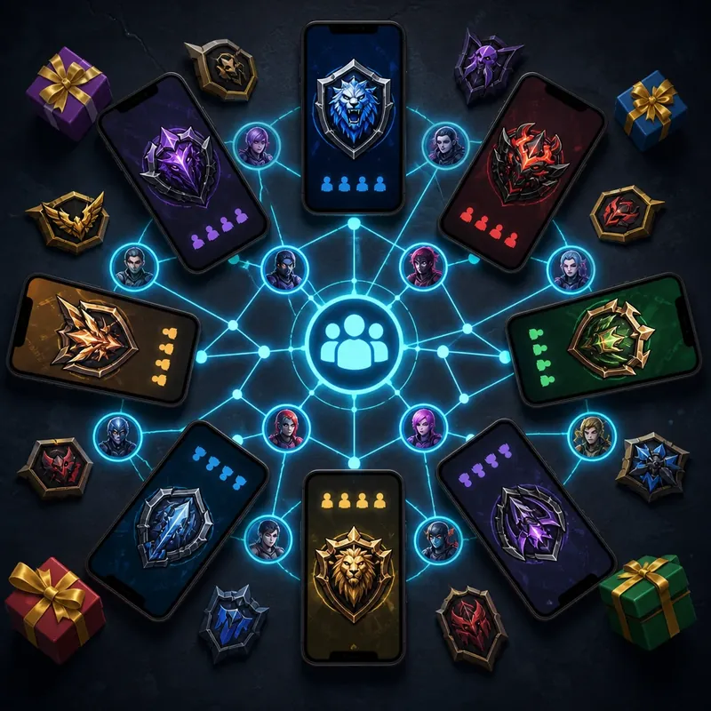 Phones arranged in circle with abstract multiplayer network icons
