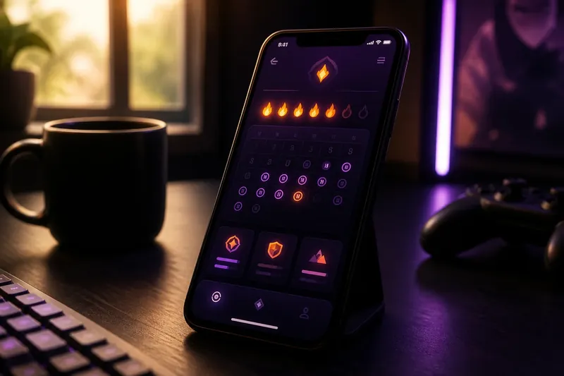 Daily missions and streak icons on phone in morning desk setup