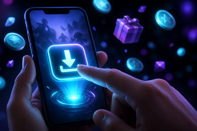 Hand tapping download on smartphone with free-to-start gaming concept art