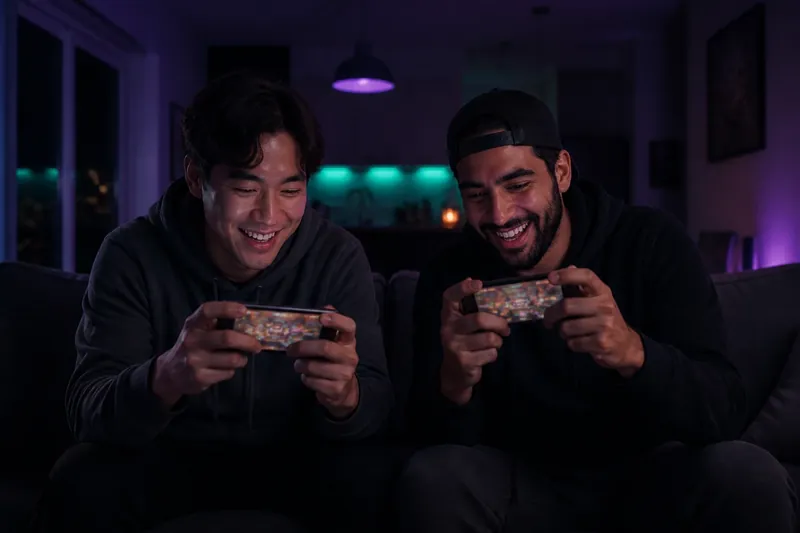 Friends playing mobile games together on a couch with purple ambient light