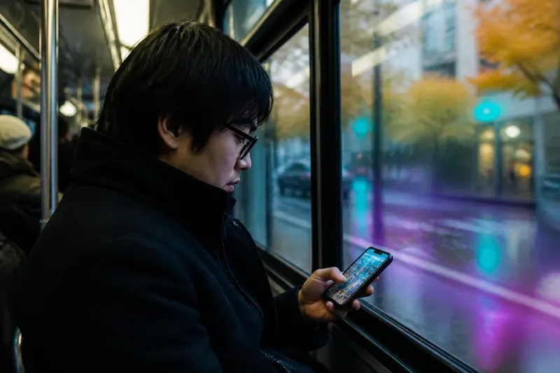 Person playing mobile game during commute with autumn city outside